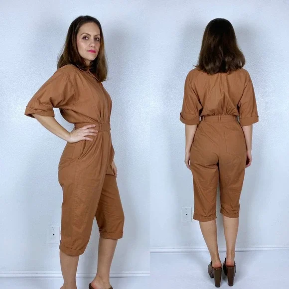 vintage 40s NUTMEG BROWN Button Up JUMPSUIT Small pantsuit cotton playsuit mcm